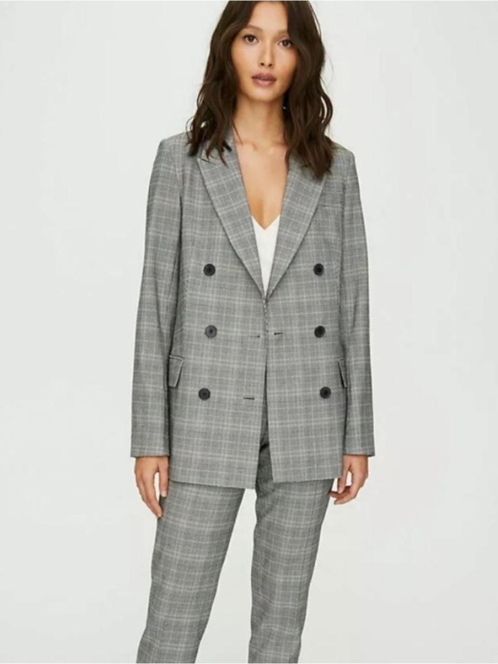 Gray Plaid Double-Breasted Blazer Jacket